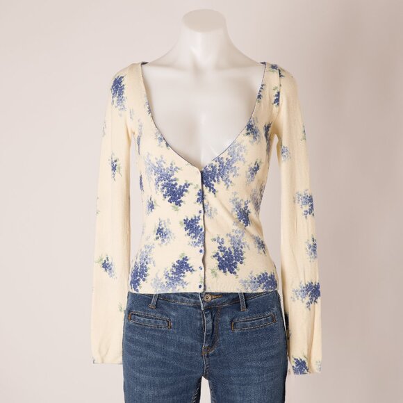 Blumarine Tops - Blumarine Jeans Cream Cardigan with Blue Grape Print Size US S
